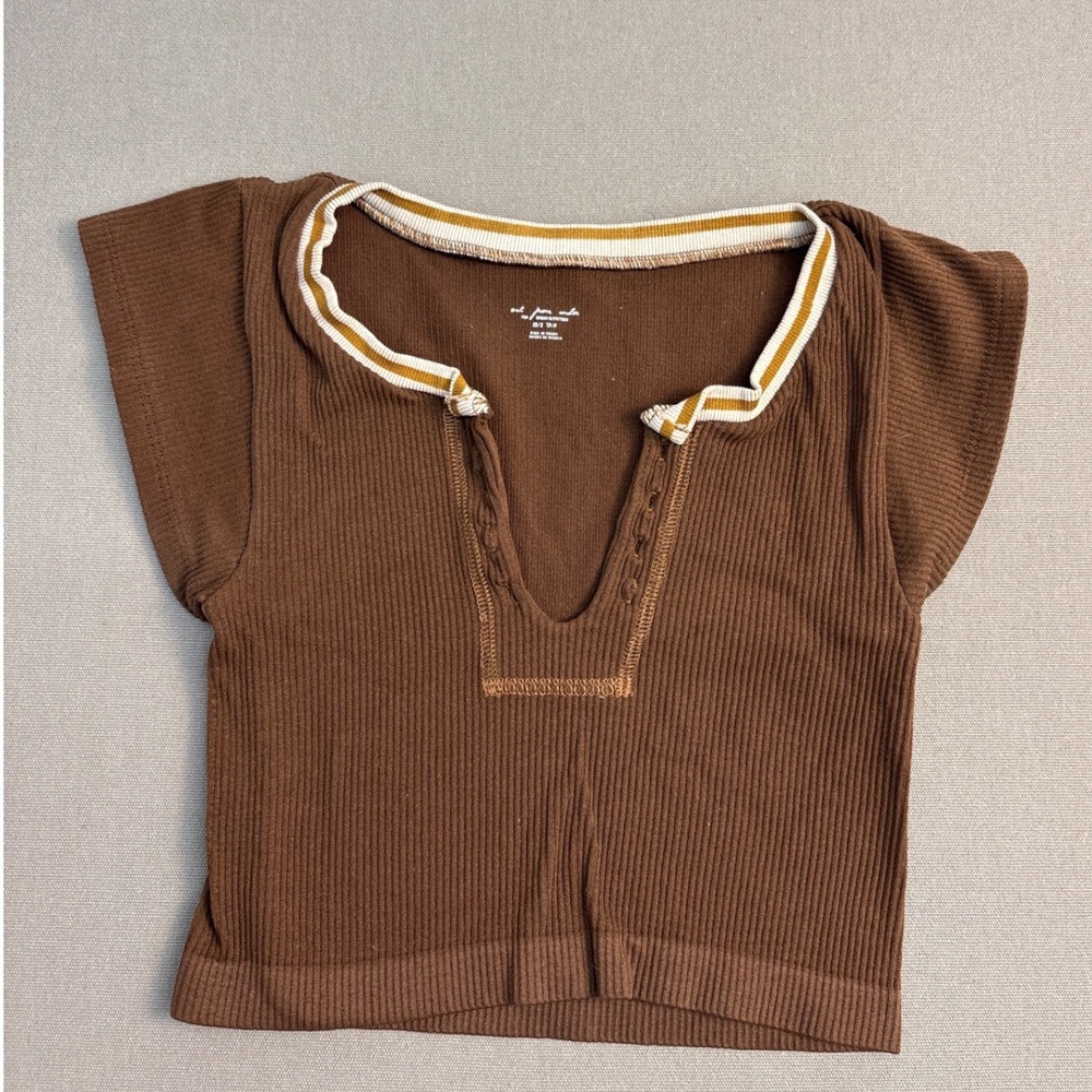 Out From Under Urban Outfitters Brown Ribbed Split V-Neck Crop Top XS/S
